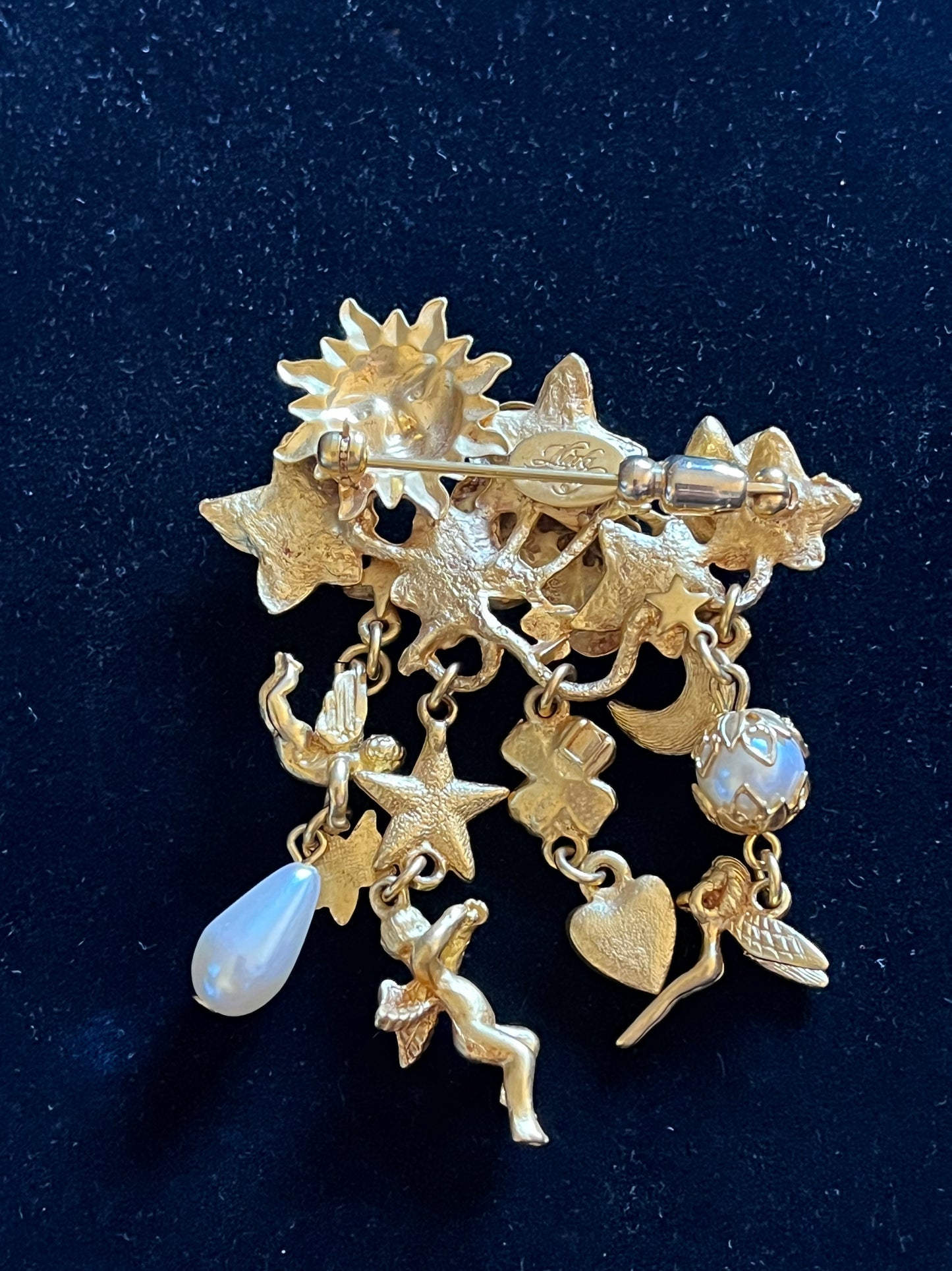Signed Kirks Folly Celestial Brooch – Sun Moon Stars Cherubs AB Rhinestone Gold Tone Pin
