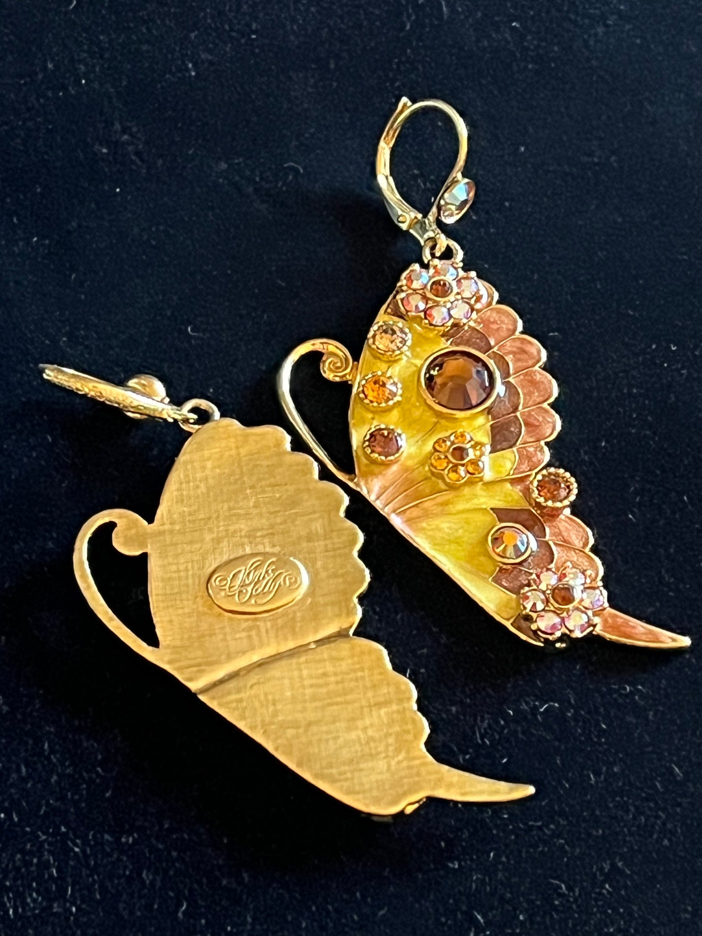 Signed Kirks Folly Butterfly Earrings – Enamel & Amber Glass Rhinestone Gold Tone Dangle