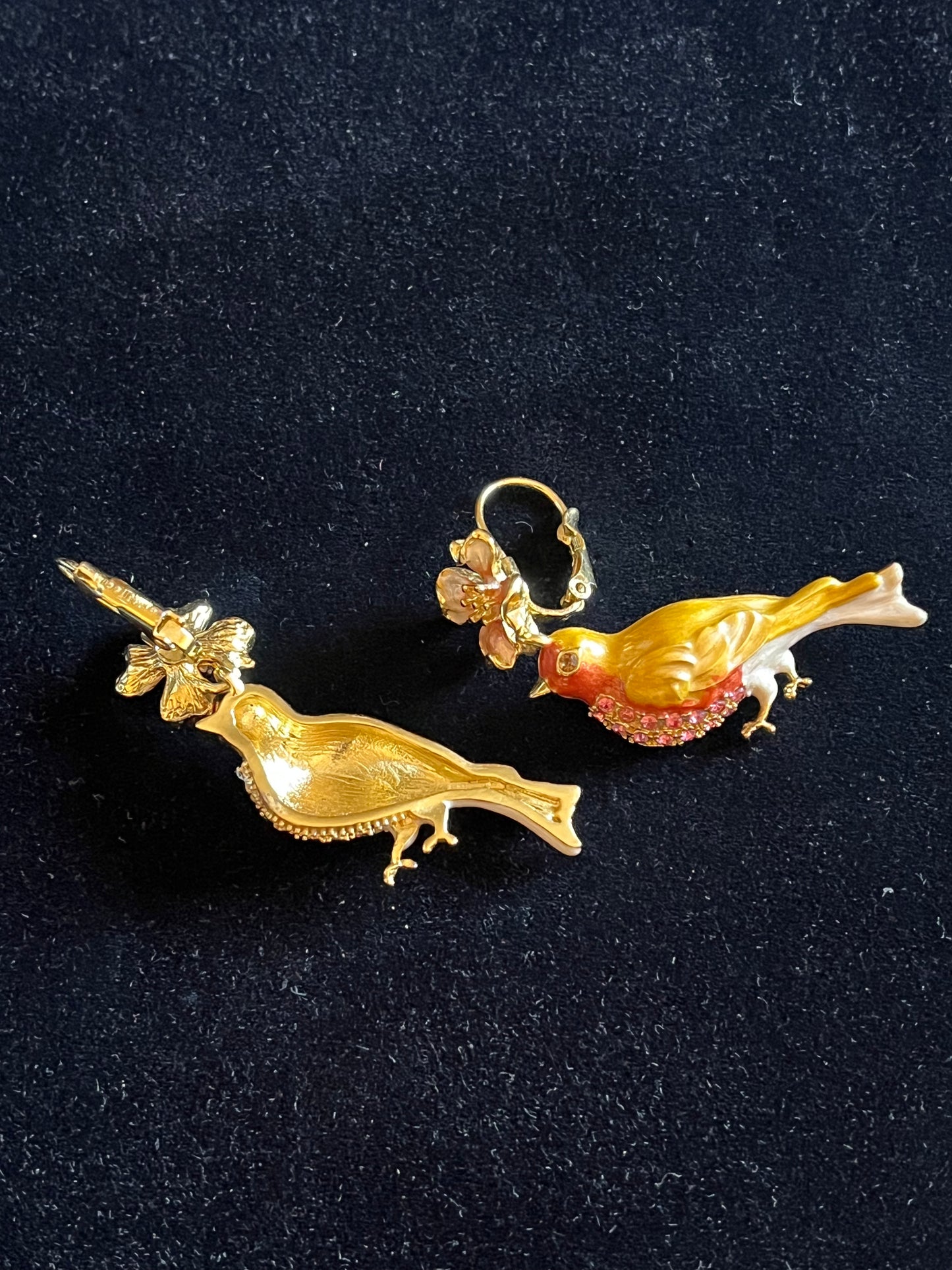 Signed Kirks Folly Enamel Bird Earrings – Gold Tone Pink Rhinestone Floral Dangle