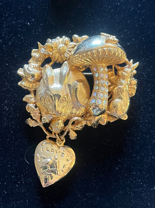 Vintage Kirks Folly Woodland Bunny Brooch – Mushroom & “I Love U” Heart Charm – Signed