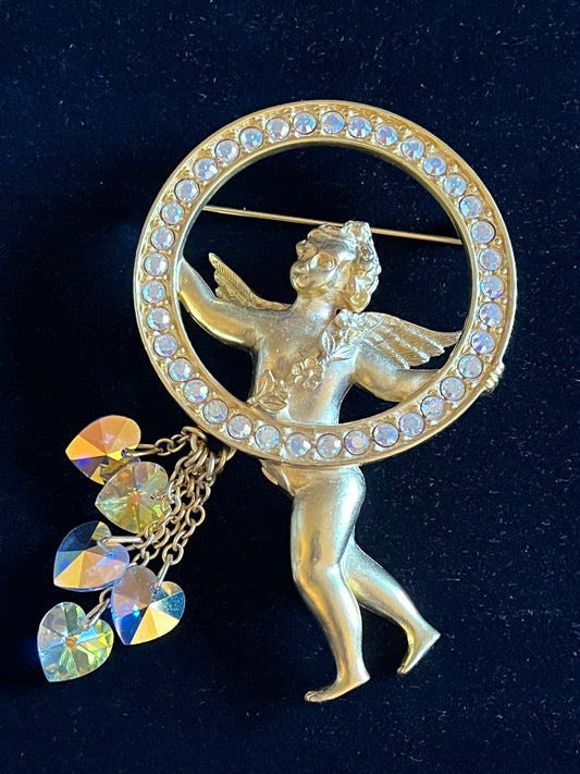 Large Signed Vintage Kirk’s Folly Cherub Halo Brooch – Aurora Borealis Rhinestones – Crystal Heart Dangles – 3”