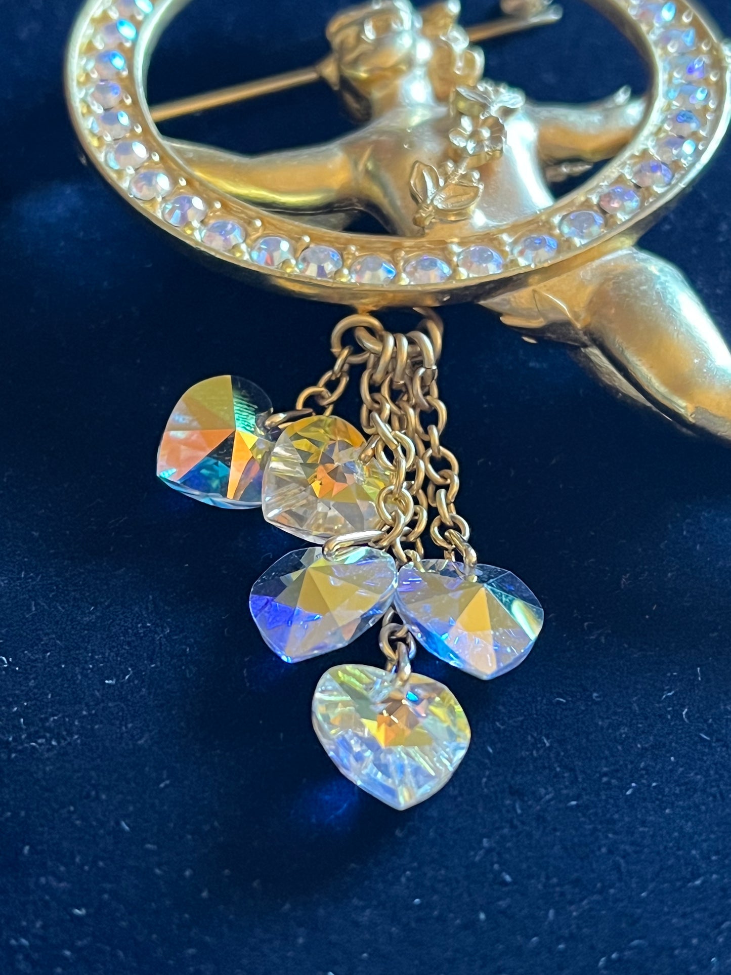 Large Signed Vintage Kirk’s Folly Cherub Halo Brooch – Aurora Borealis Rhinestones – Crystal Heart Dangles – 3”