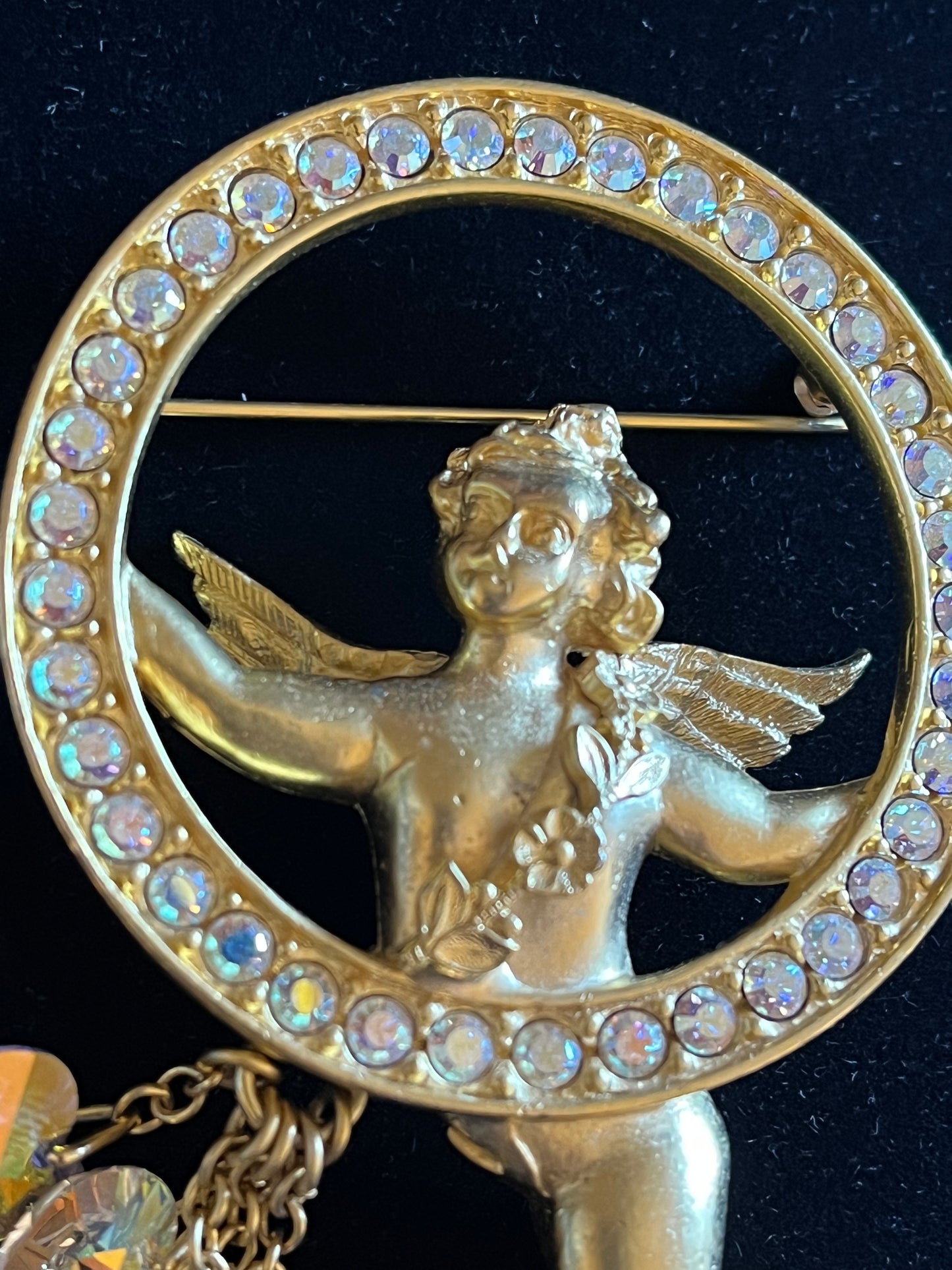 Large Signed Vintage Kirk’s Folly Cherub Halo Brooch – Aurora Borealis Rhinestones – Crystal Heart Dangles – 3”