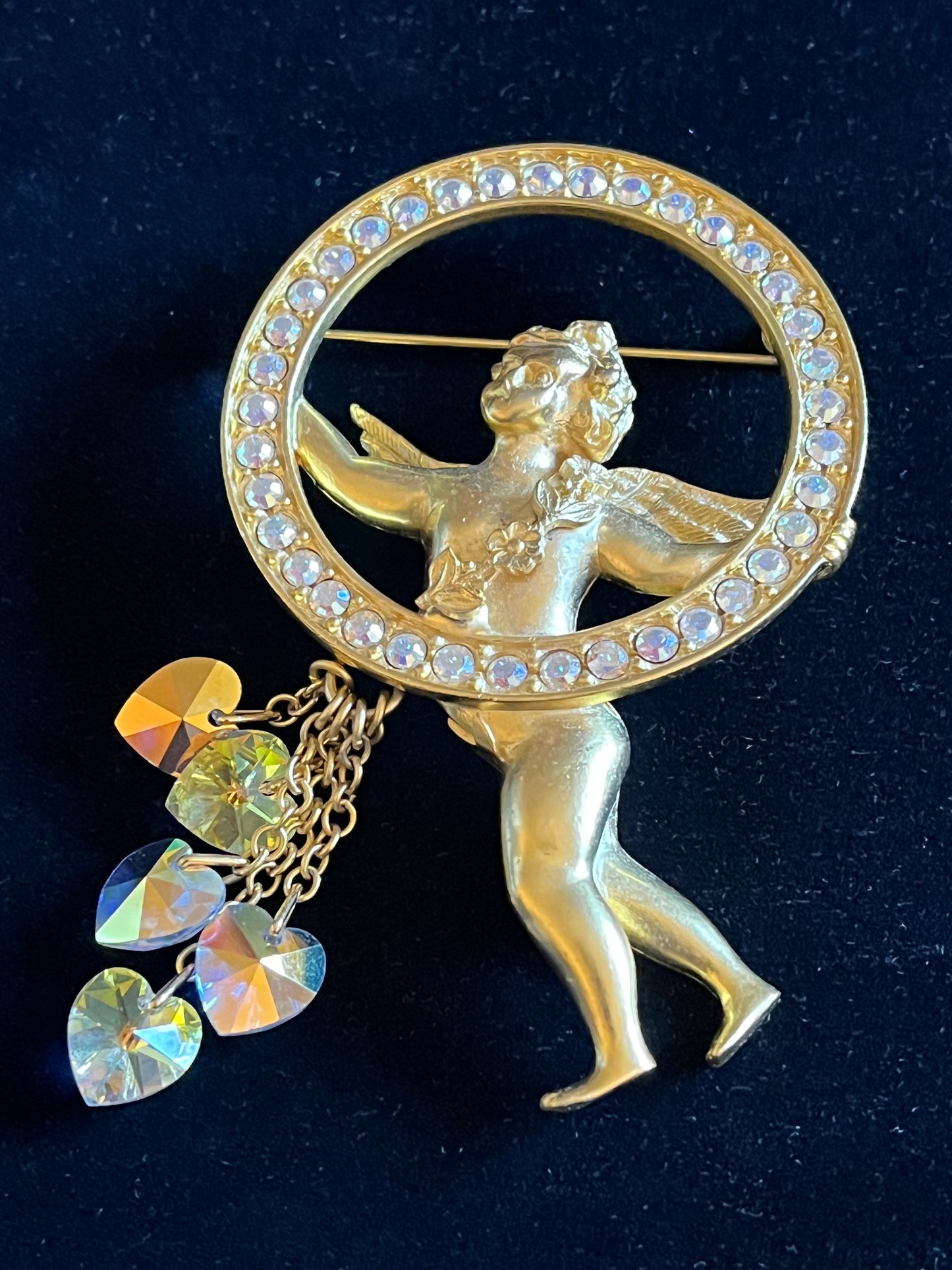 Large Signed Vintage Kirk’s Folly Cherub Halo Brooch – Aurora Borealis Rhinestones – Crystal Heart Dangles – 3”