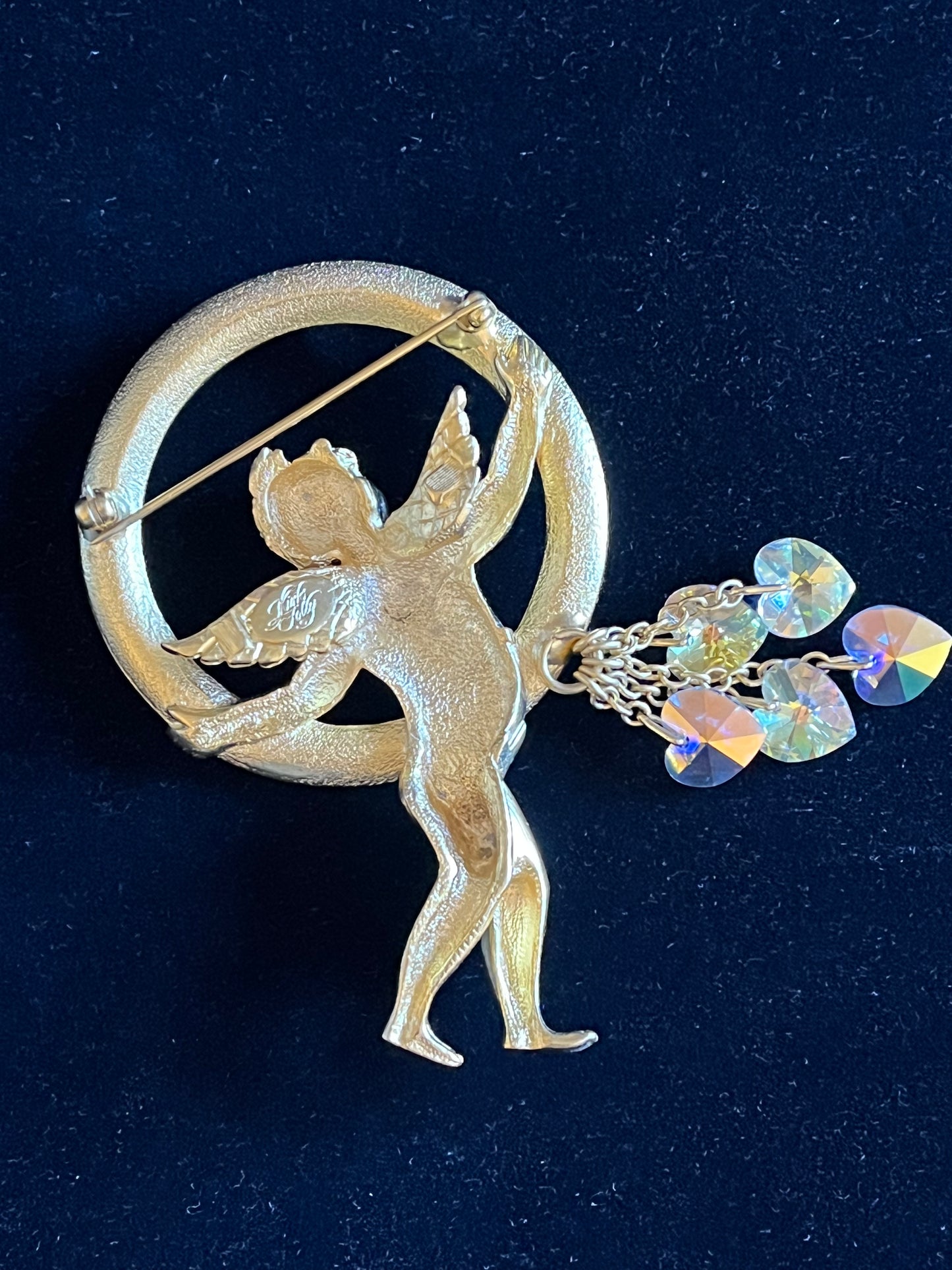 Large Signed Vintage Kirk’s Folly Cherub Halo Brooch – Aurora Borealis Rhinestones – Crystal Heart Dangles – 3”