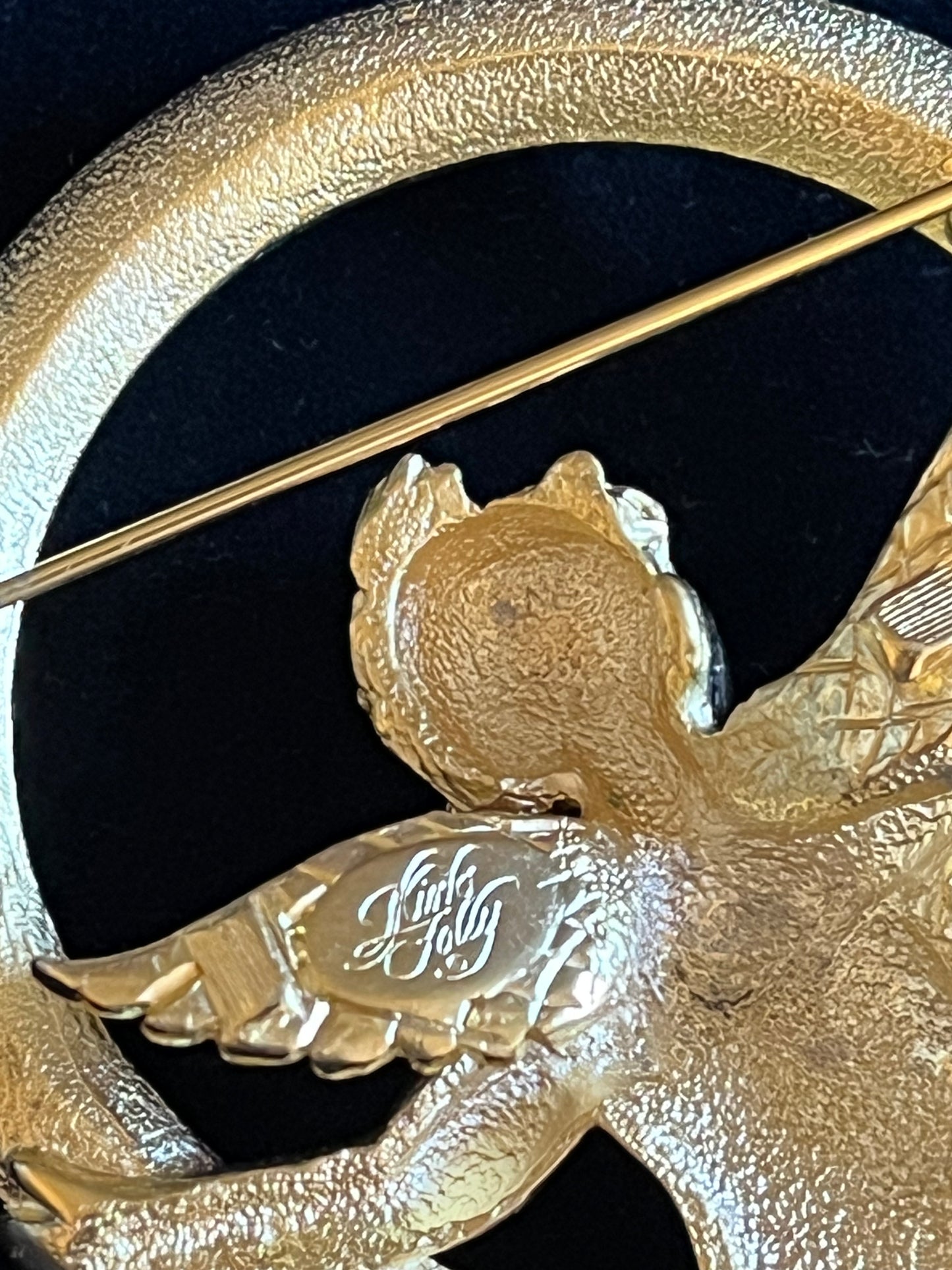 Large Signed Vintage Kirk’s Folly Cherub Halo Brooch – Aurora Borealis Rhinestones – Crystal Heart Dangles – 3”