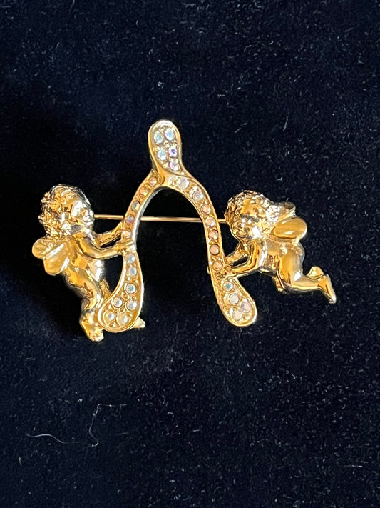 Signed Kirks Folly Cherub Brooch – Gold Tone Angel Pin with Aurora Borealis Rhinestones