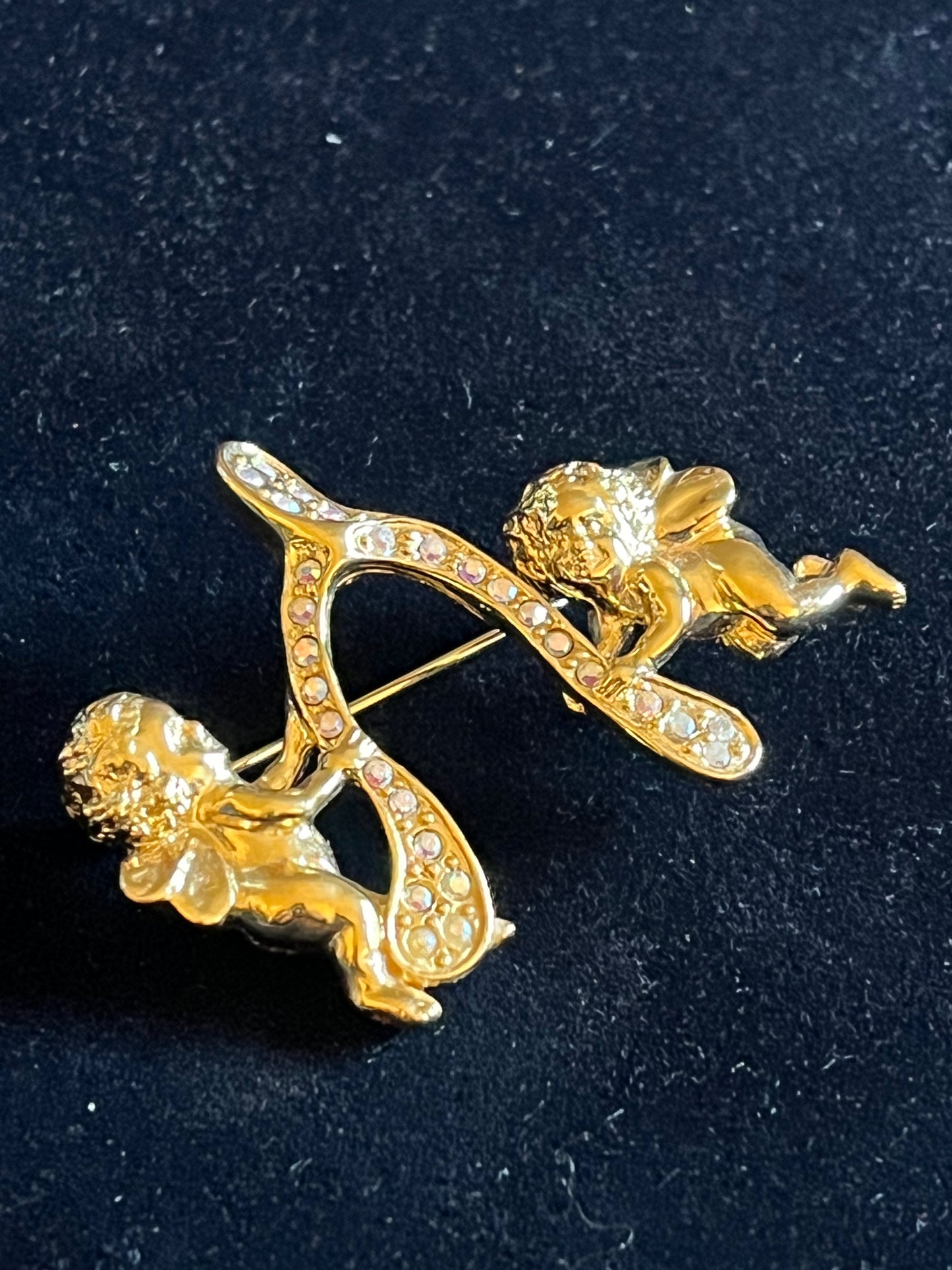 Signed Kirks Folly Cherub Brooch – Gold Tone Angel Pin with Aurora Borealis Rhinestones