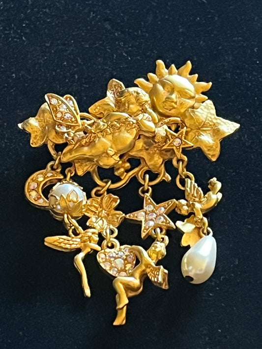 Signed Kirks Folly Celestial Brooch – Sun Moon Stars Cherubs AB Rhinestone Gold Tone Pin