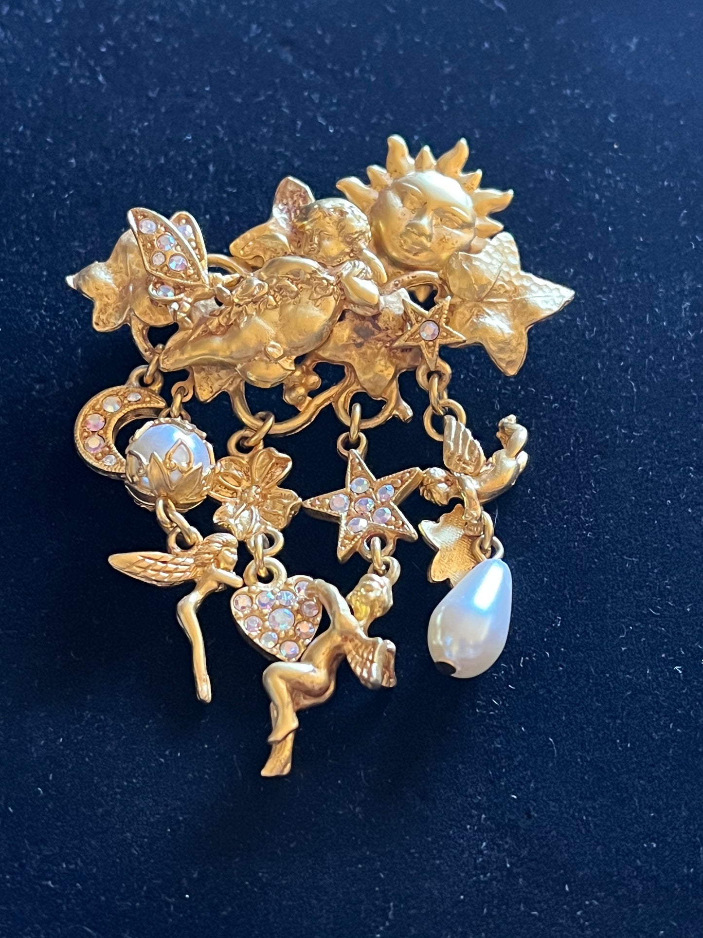 Signed Kirks Folly Celestial Brooch – Sun Moon Stars Cherubs AB Rhinestone Gold Tone Pin