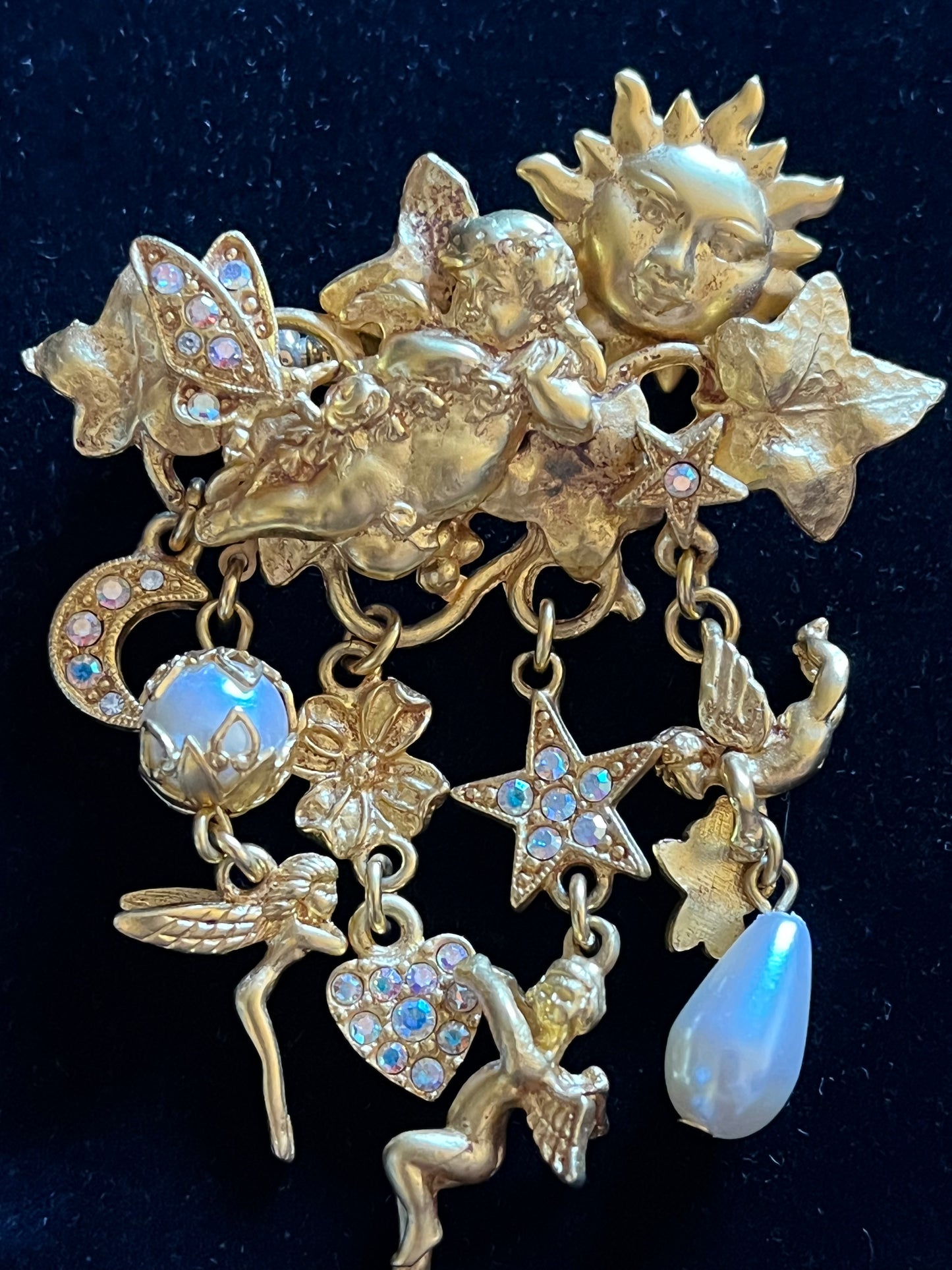 Signed Kirks Folly Celestial Brooch – Sun Moon Stars Cherubs AB Rhinestone Gold Tone Pin