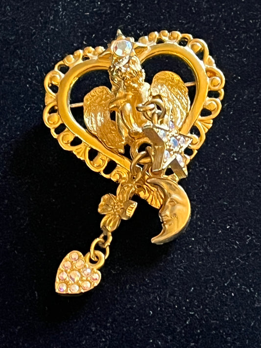 Signed Kirks Folly Angel Heart Brooch – Gold Tone Celestial Moon Star AB Rhinestone Dangle Pin