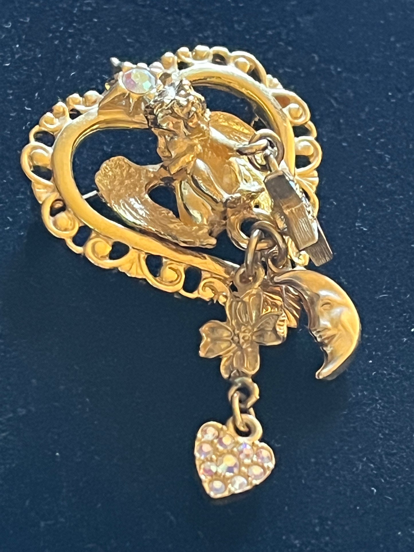 Signed Kirks Folly Angel Heart Brooch – Gold Tone Celestial Moon Star AB Rhinestone Dangle Pin
