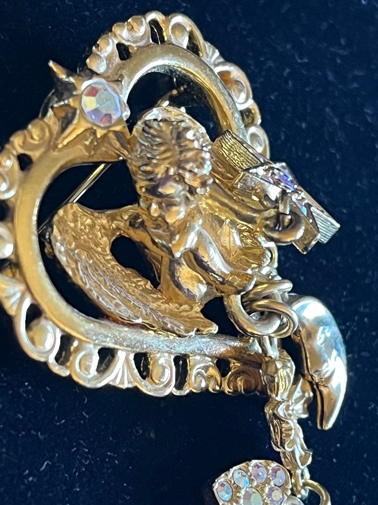 Signed Kirks Folly Angel Heart Brooch – Gold Tone Celestial Moon Star AB Rhinestone Dangle Pin