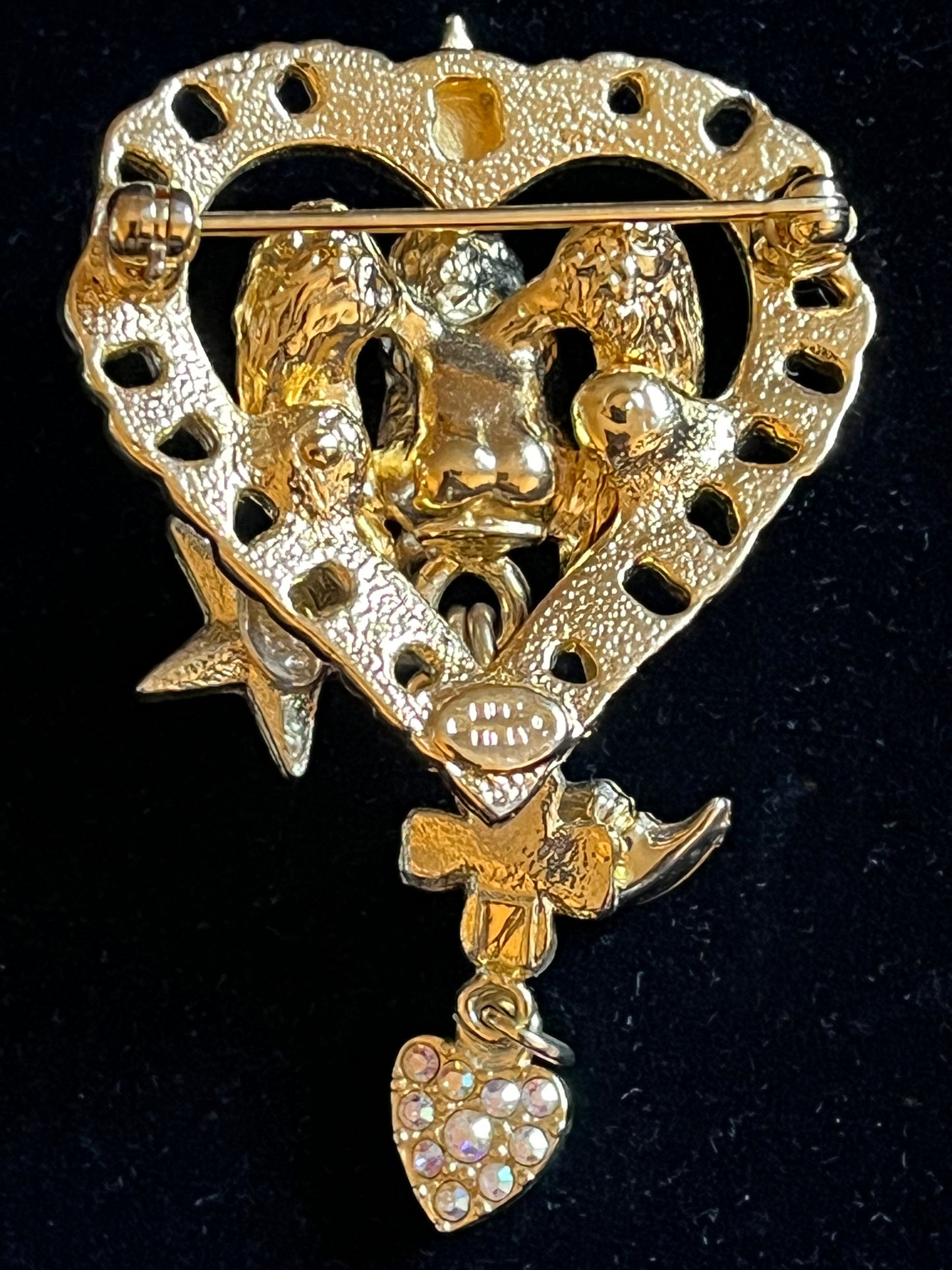 Signed Kirks Folly Angel Heart Brooch – Gold Tone Celestial Moon Star AB Rhinestone Dangle Pin