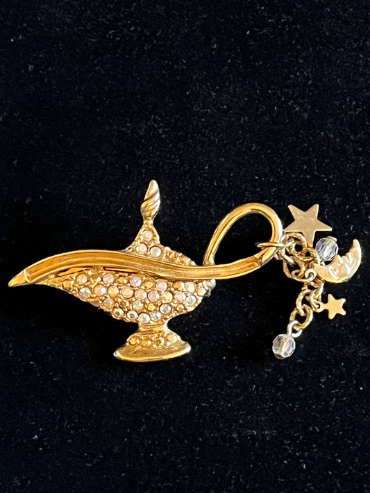 Signed Kirks Folly Genie Lamp Brooch – Gold Tone AB Rhinestone Celestial Dangle Pin