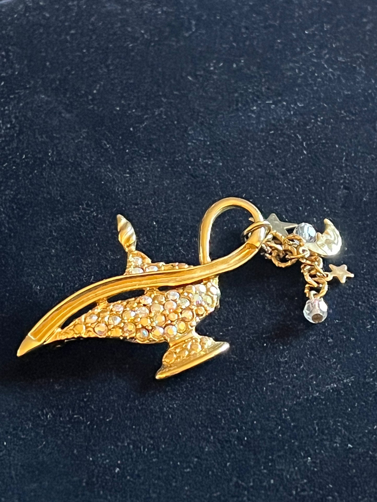 Signed Kirks Folly Genie Lamp Brooch – Gold Tone AB Rhinestone Celestial Dangle Pin