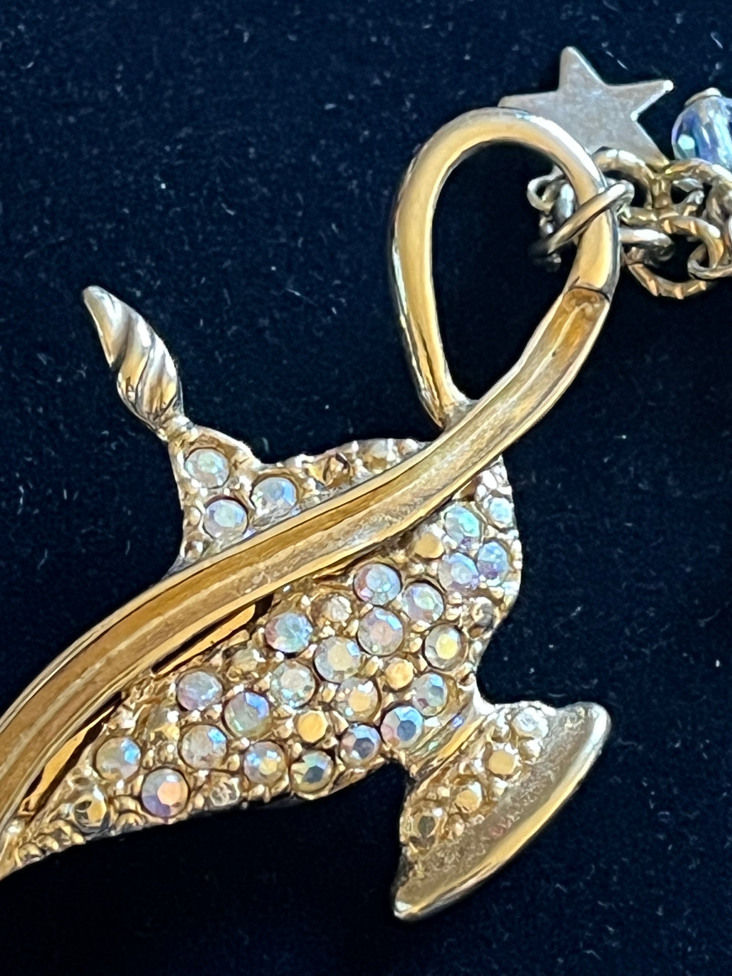 Signed Kirks Folly Genie Lamp Brooch – Gold Tone AB Rhinestone Celestial Dangle Pin