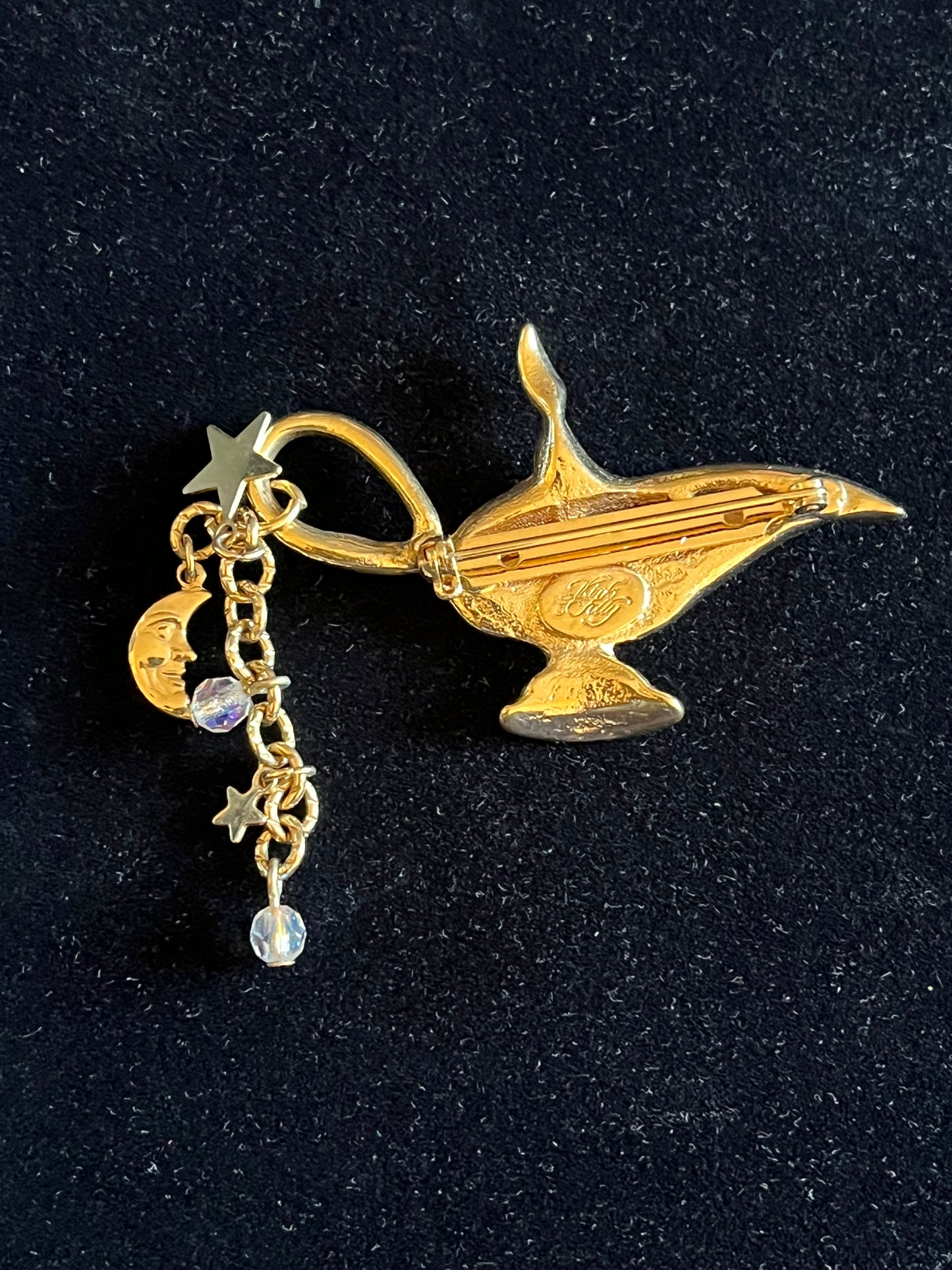 Signed Kirks Folly Genie Lamp Brooch – Gold Tone AB Rhinestone Celestial Dangle Pin