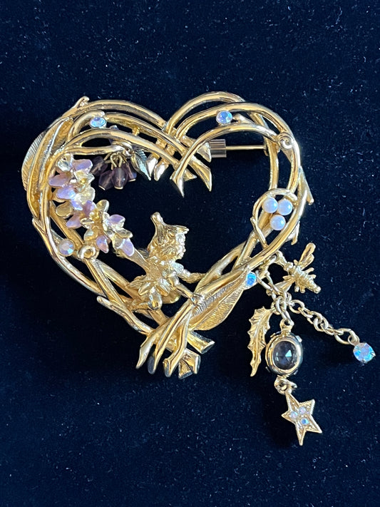 Signed Kirks Folly Large Fairy Heart Brooch – 3” Gold Tone Celestial Dangle AB Rhinestone Pin