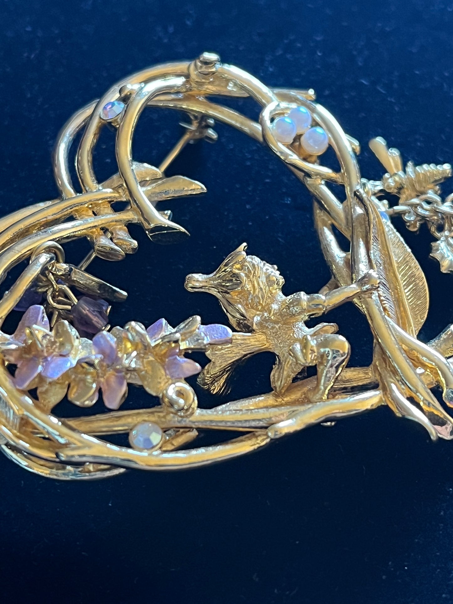 Signed Kirks Folly Large Fairy Heart Brooch – 3” Gold Tone Celestial Dangle AB Rhinestone Pin
