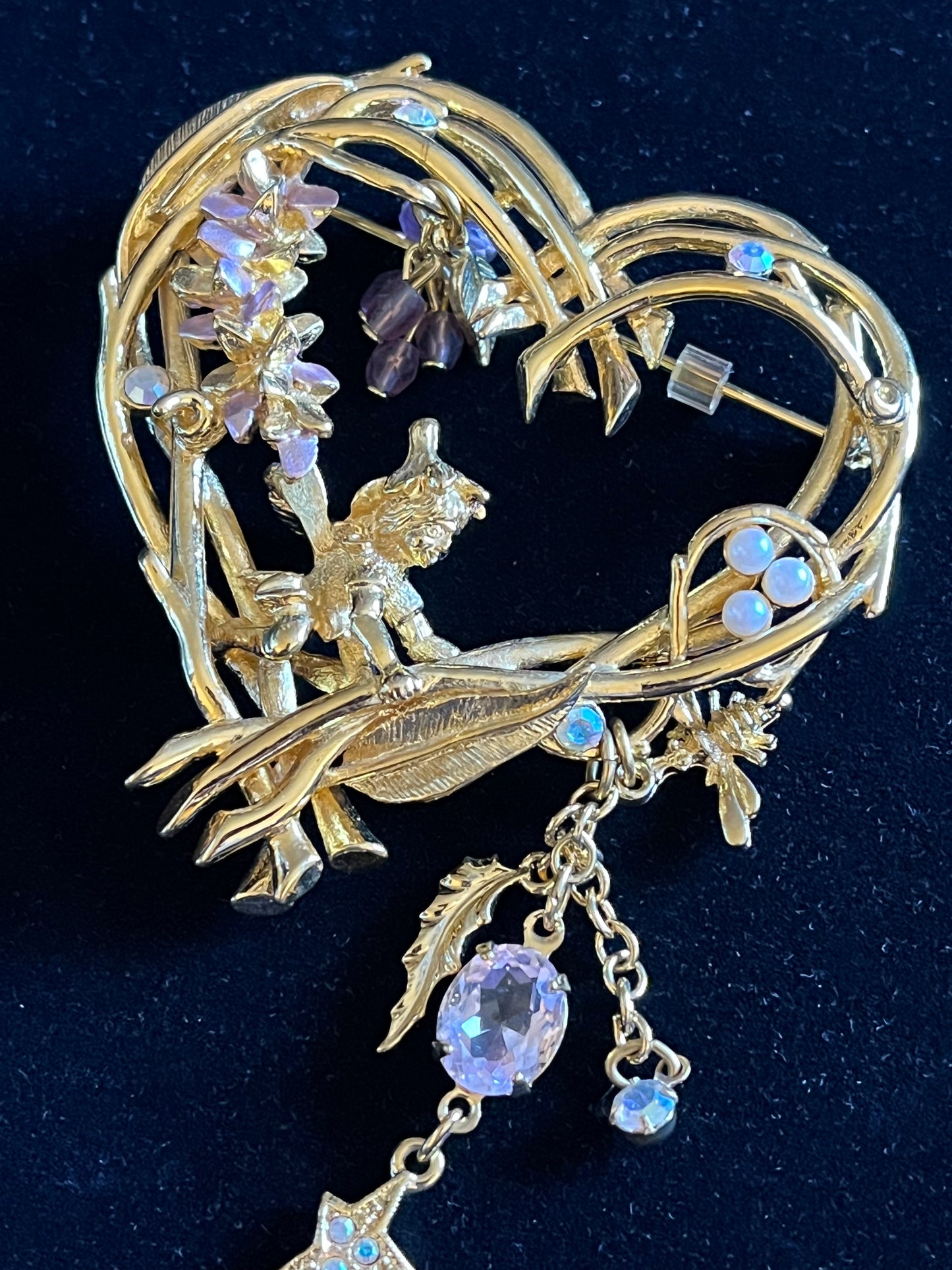 Signed Kirks Folly Large Fairy Heart Brooch – 3” Gold Tone Celestial Dangle AB Rhinestone Pin