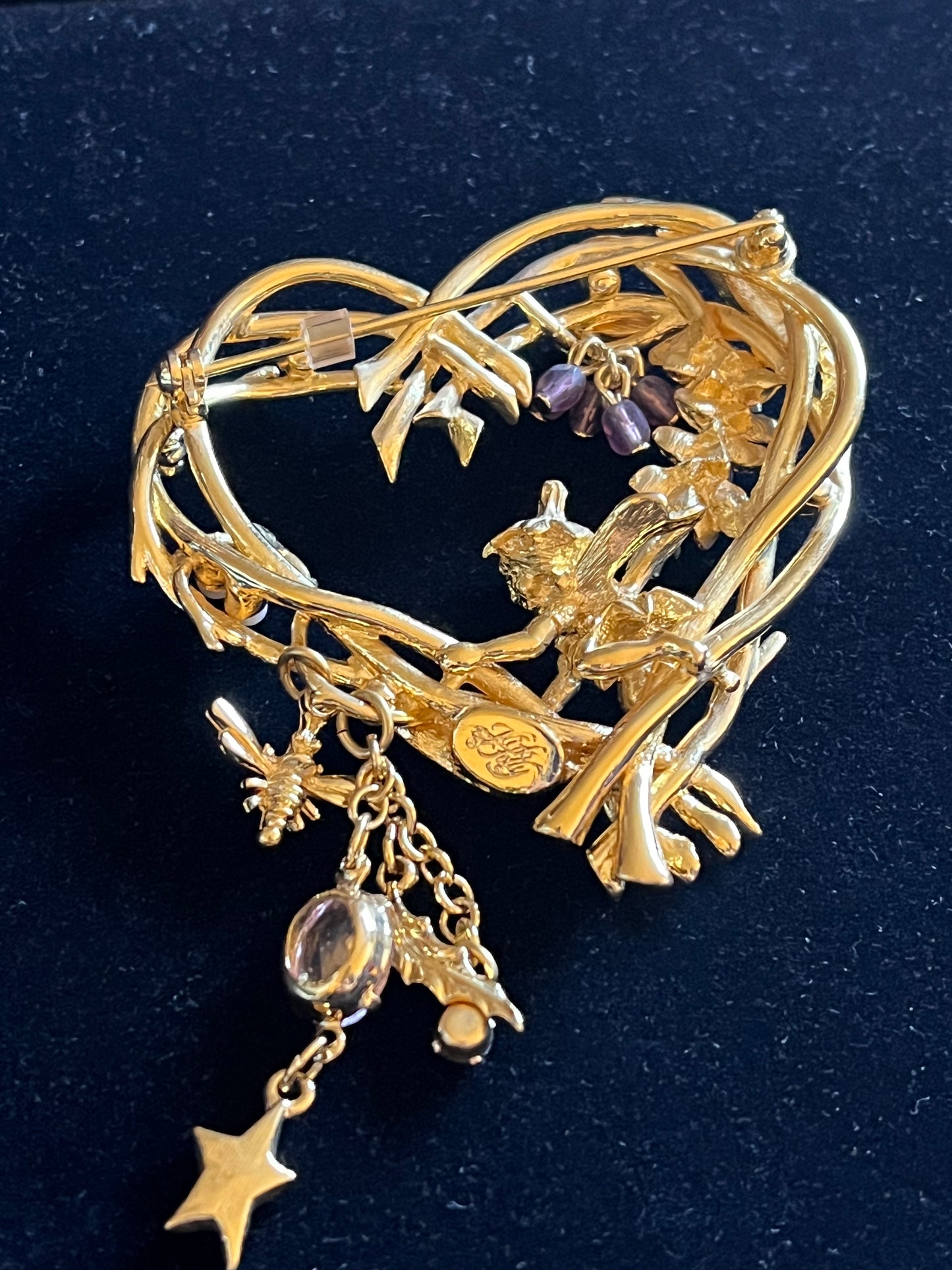Signed Kirks Folly Large Fairy Heart Brooch – 3” Gold Tone Celestial Dangle AB Rhinestone Pin