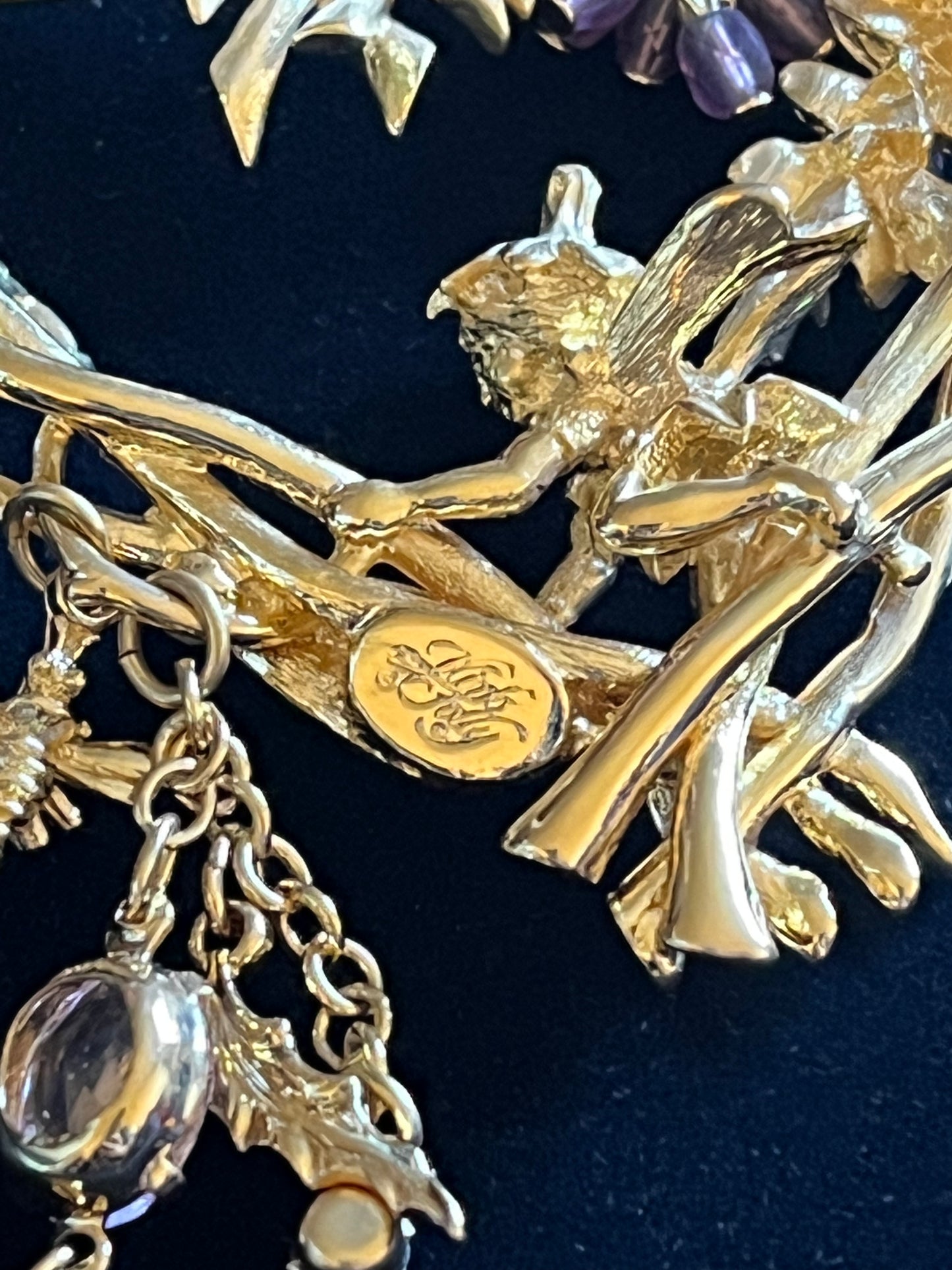 Signed Kirks Folly Large Fairy Heart Brooch – 3” Gold Tone Celestial Dangle AB Rhinestone Pin