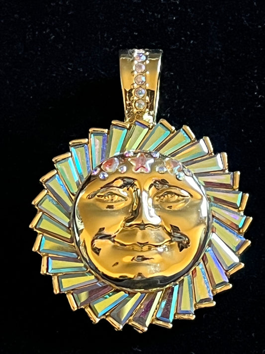 Signed Kirks Folly Large Sun Face Pendant – Gold Tone Celestial AB Iridescent Statement Necklace Charm