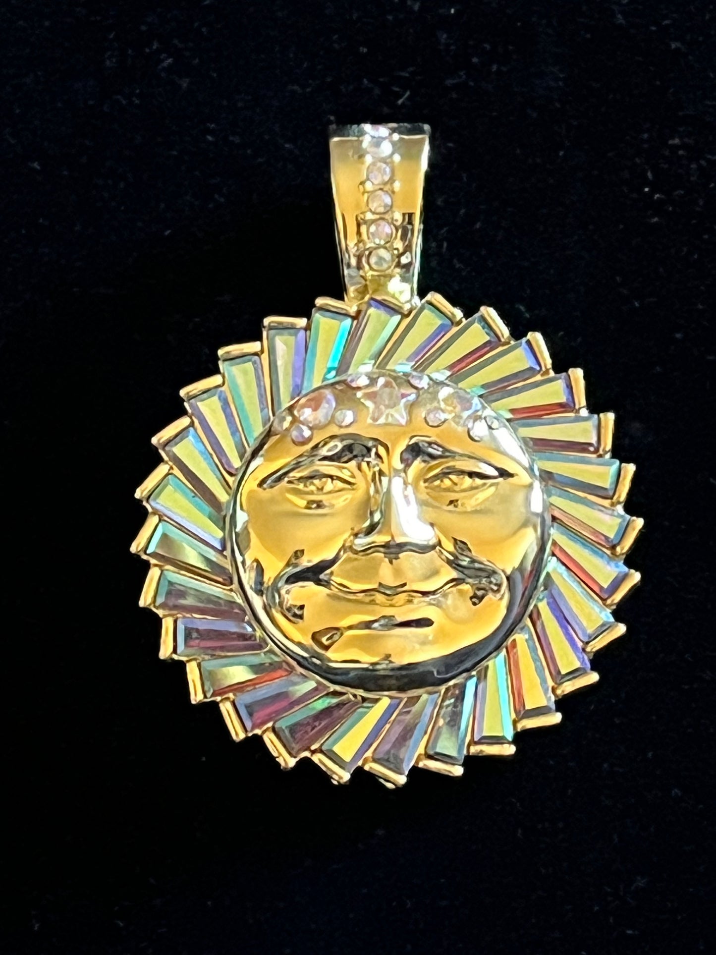 Signed Kirks Folly Large Sun Face Pendant – Gold Tone Celestial AB Iridescent Statement Necklace Charm