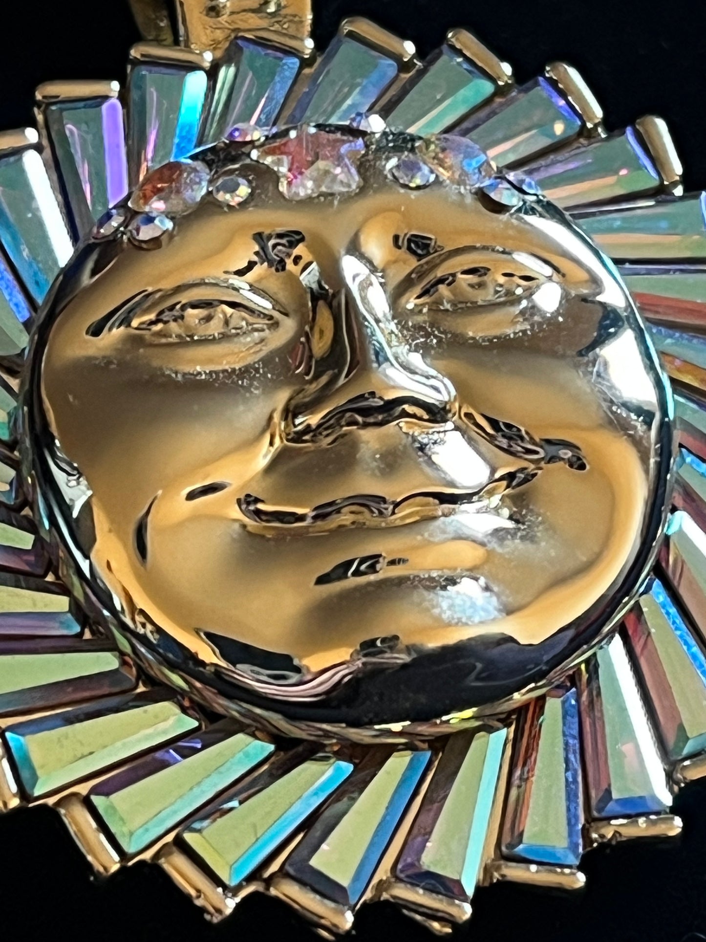 Signed Kirks Folly Large Sun Face Pendant – Gold Tone Celestial AB Iridescent Statement Necklace Charm