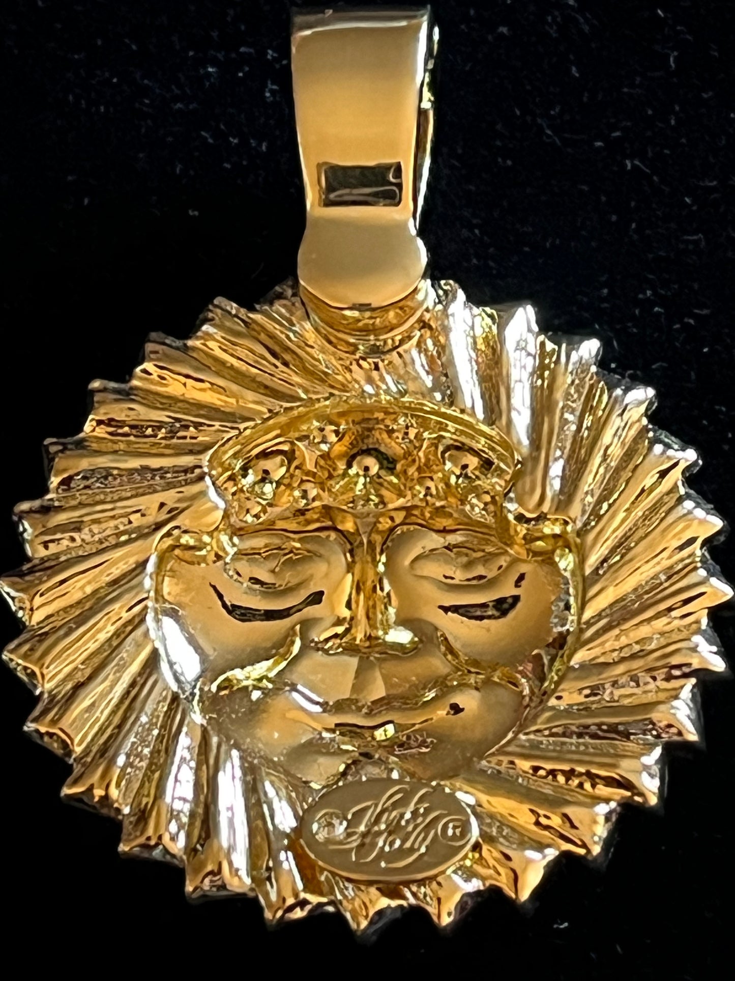 Signed Kirks Folly Large Sun Face Pendant – Gold Tone Celestial AB Iridescent Statement Necklace Charm
