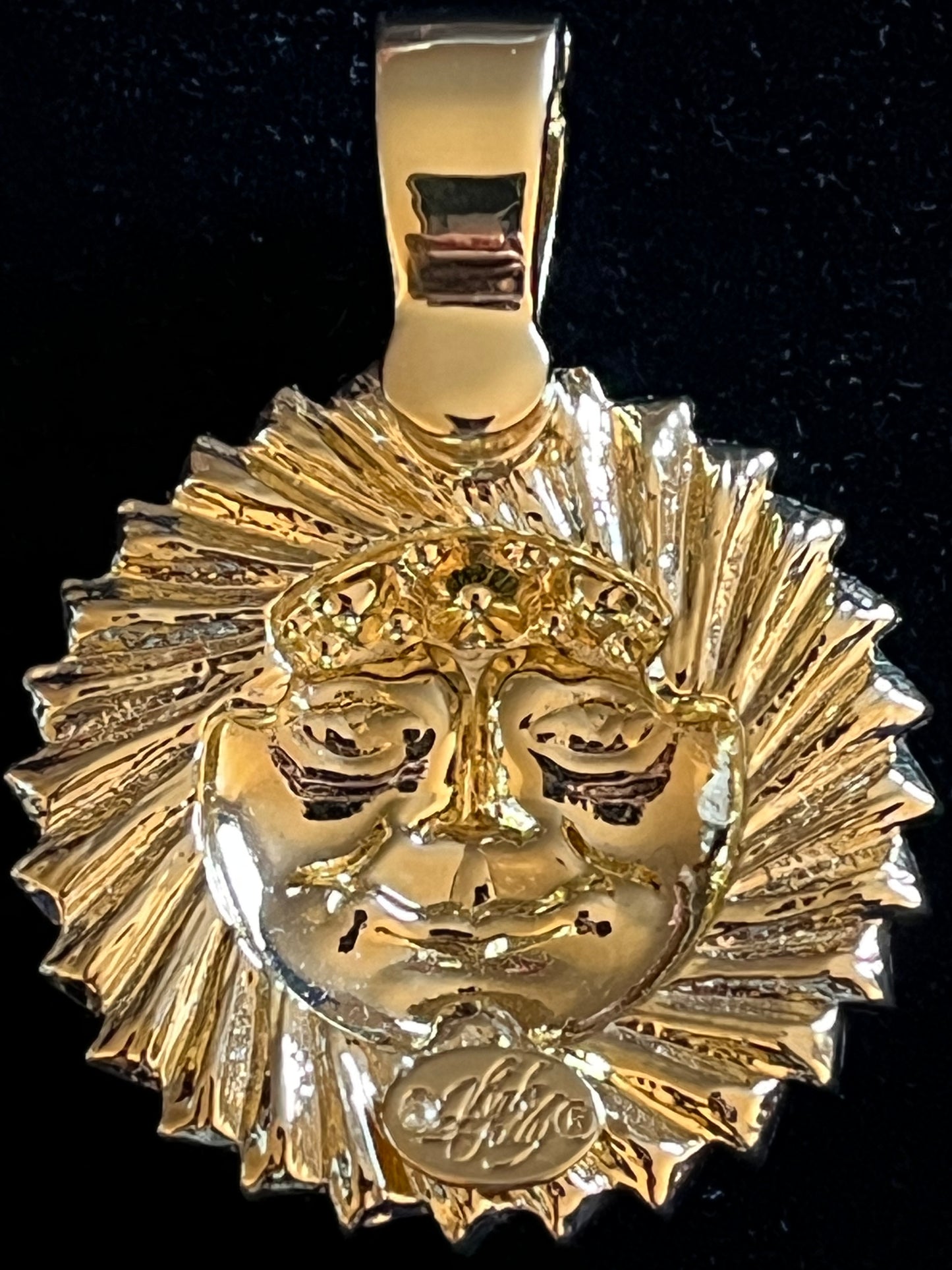 Signed Kirks Folly Large Sun Face Pendant – Gold Tone Celestial AB Iridescent Statement Necklace Charm