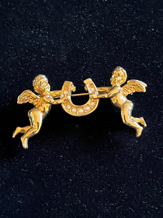 Signed Kirks Folly Mini Cherub Horseshoe Brooch – Gold Tone Angel Lucky Pin