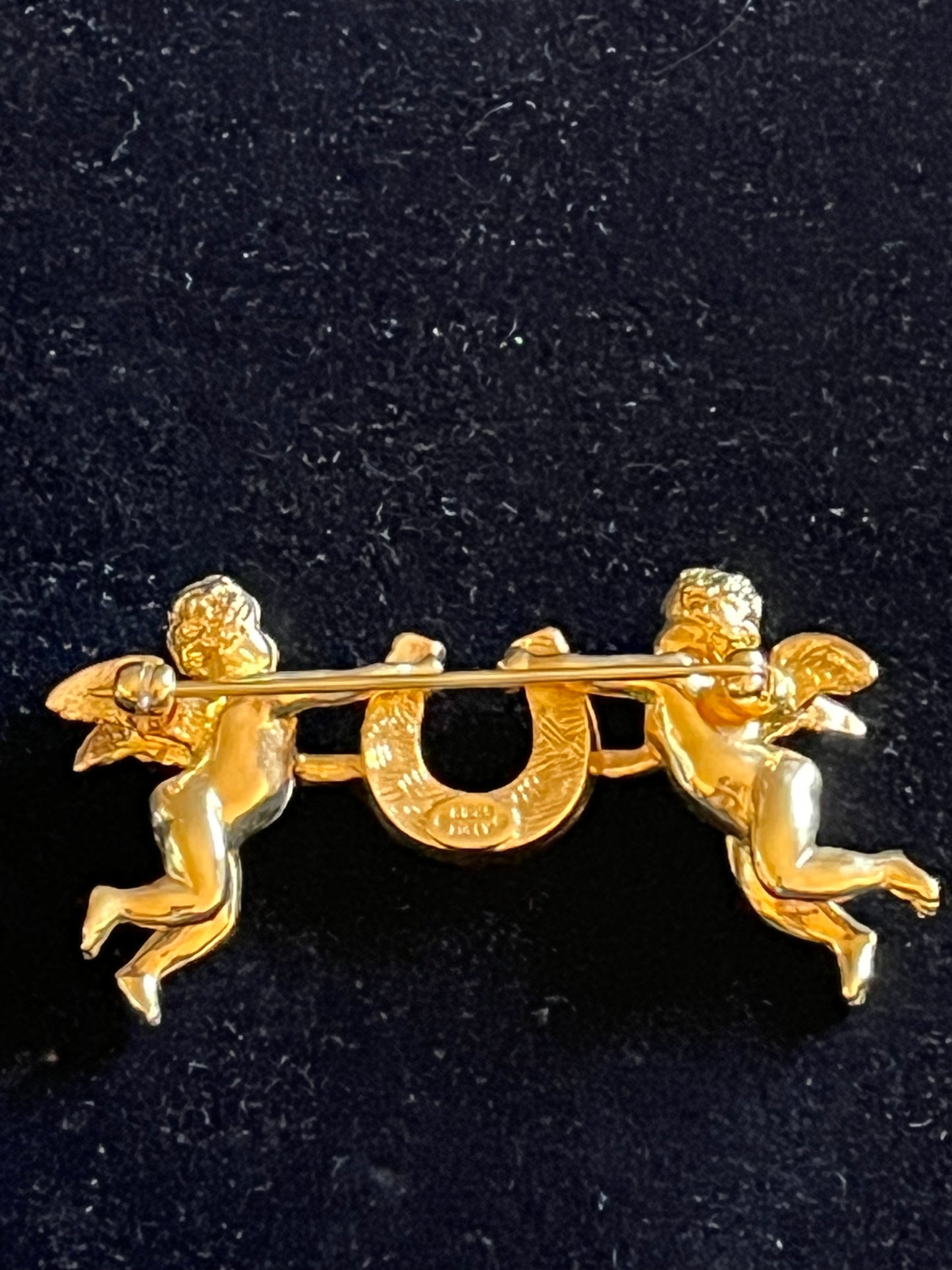 Signed Kirks Folly Mini Cherub Horseshoe Brooch – Gold Tone Angel Lucky Pin