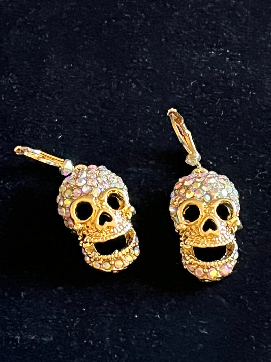 Signed Kirks Folly Skull Earrings – Gold Tone AB Rhinestone Pavé Drop Dangle