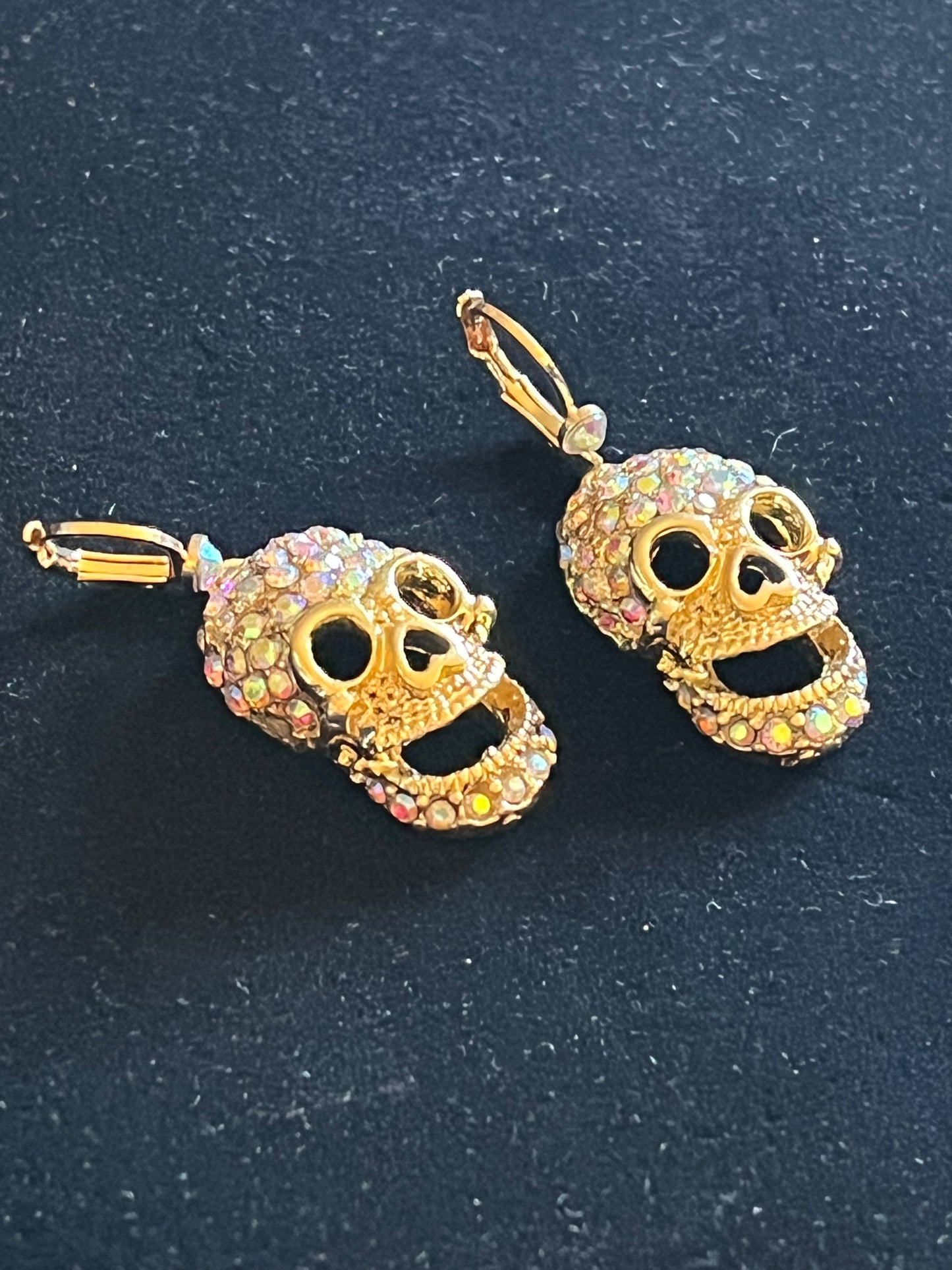 Signed Kirks Folly Skull Earrings – Gold Tone AB Rhinestone Pavé Drop Dangle