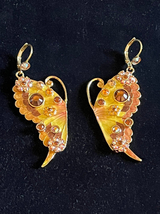 Signed Kirks Folly Butterfly Earrings – Enamel & Amber Glass Rhinestone Gold Tone Dangle