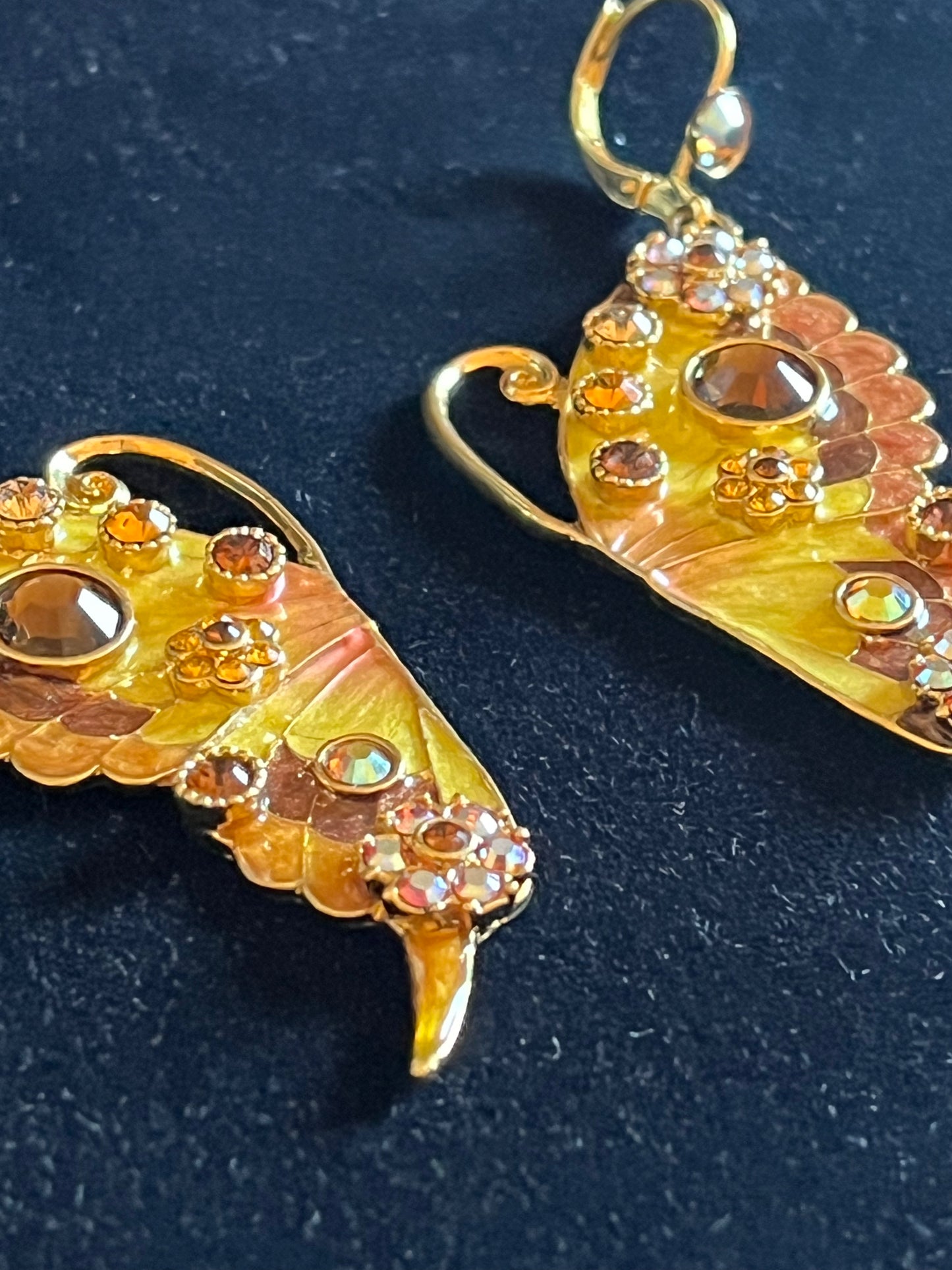 Signed Kirks Folly Butterfly Earrings – Enamel & Amber Glass Rhinestone Gold Tone Dangle