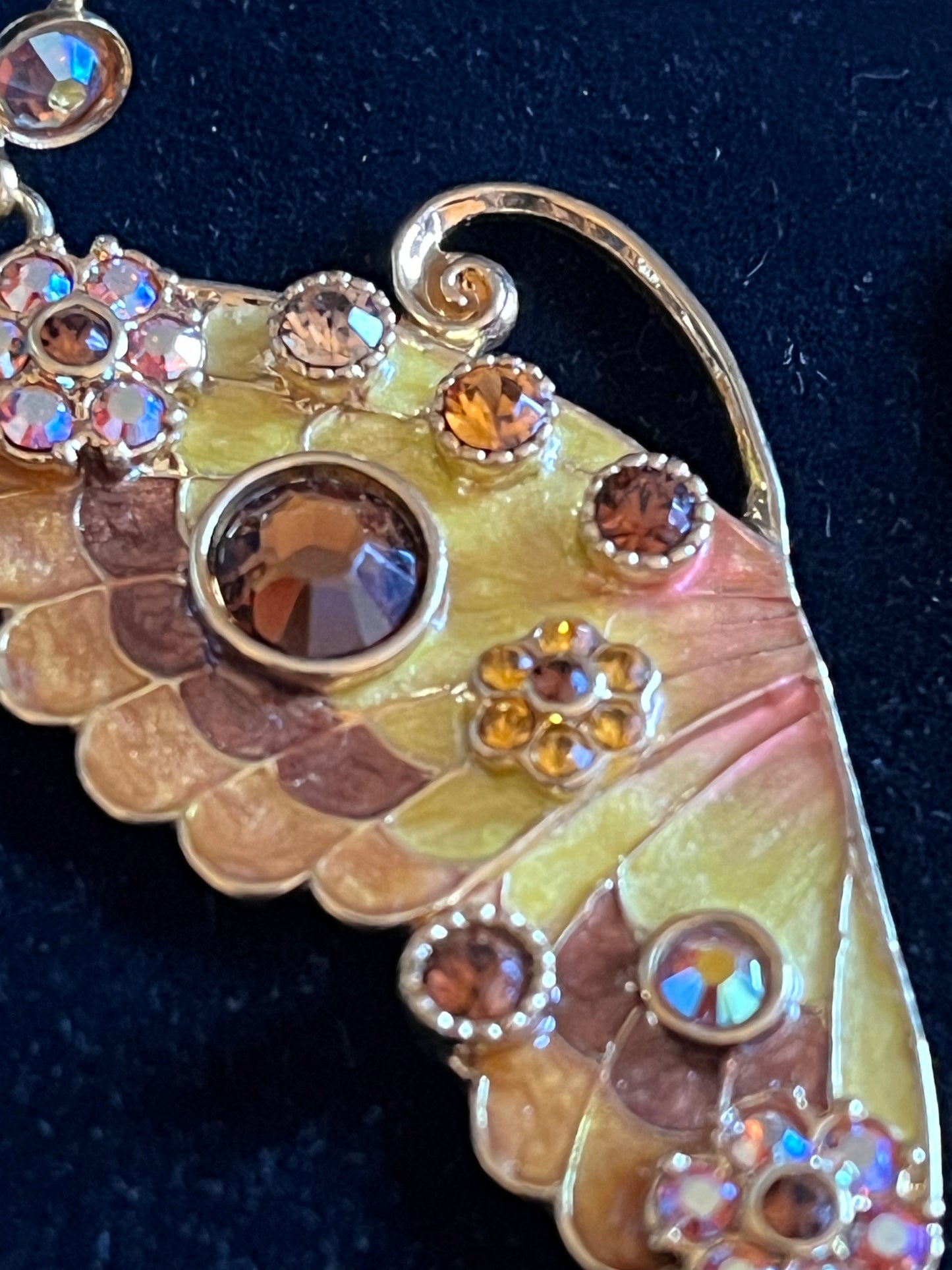 Signed Kirks Folly Butterfly Earrings – Enamel & Amber Glass Rhinestone Gold Tone Dangle