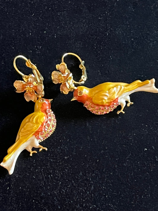 Signed Kirks Folly Enamel Bird Earrings – Gold Tone Pink Rhinestone Floral Dangle