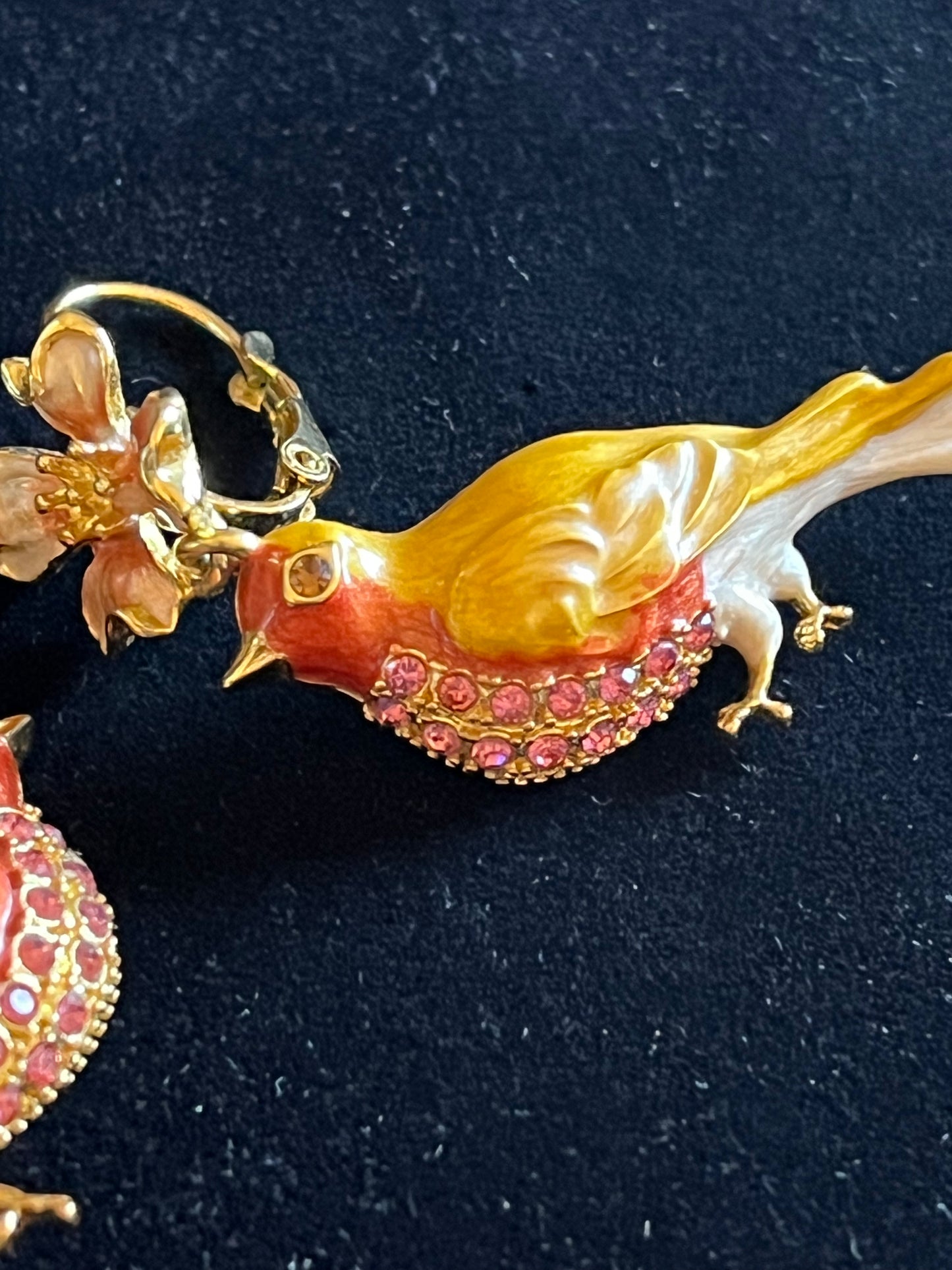 Signed Kirks Folly Enamel Bird Earrings – Gold Tone Pink Rhinestone Floral Dangle