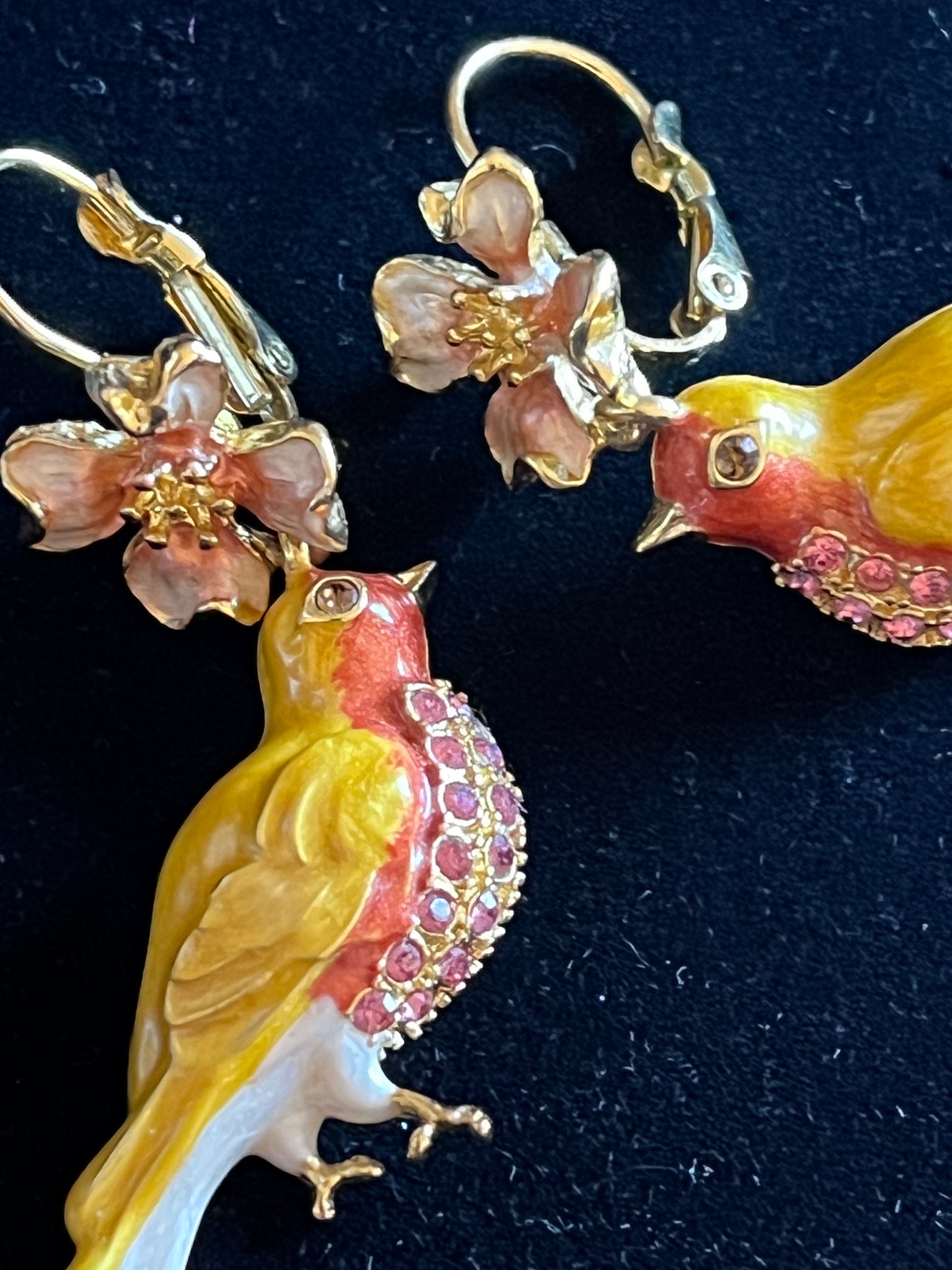 Signed Kirks Folly Enamel Bird Earrings – Gold Tone Pink Rhinestone Floral Dangle