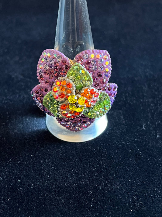 Signed Kirks Folly Floral Rhinestone Ring – Size 8 Multicolor Pavé Statement Flower