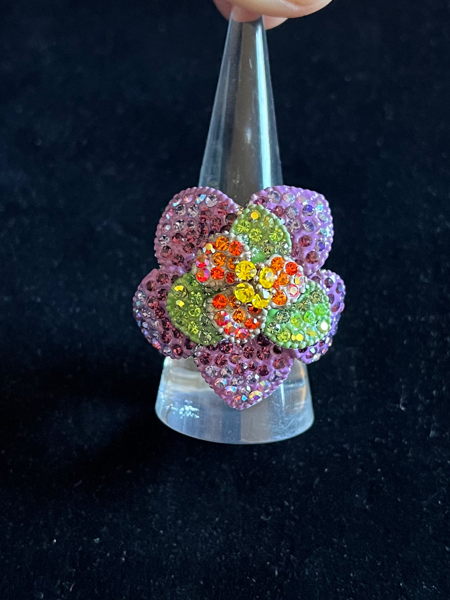 Signed Kirks Folly Floral Rhinestone Ring – Size 8 Multicolor Pavé Statement Flower