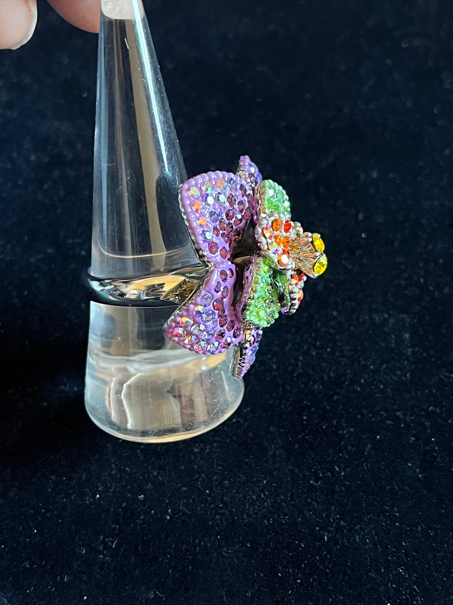Signed Kirks Folly Floral Rhinestone Ring – Size 8 Multicolor Pavé Statement Flower